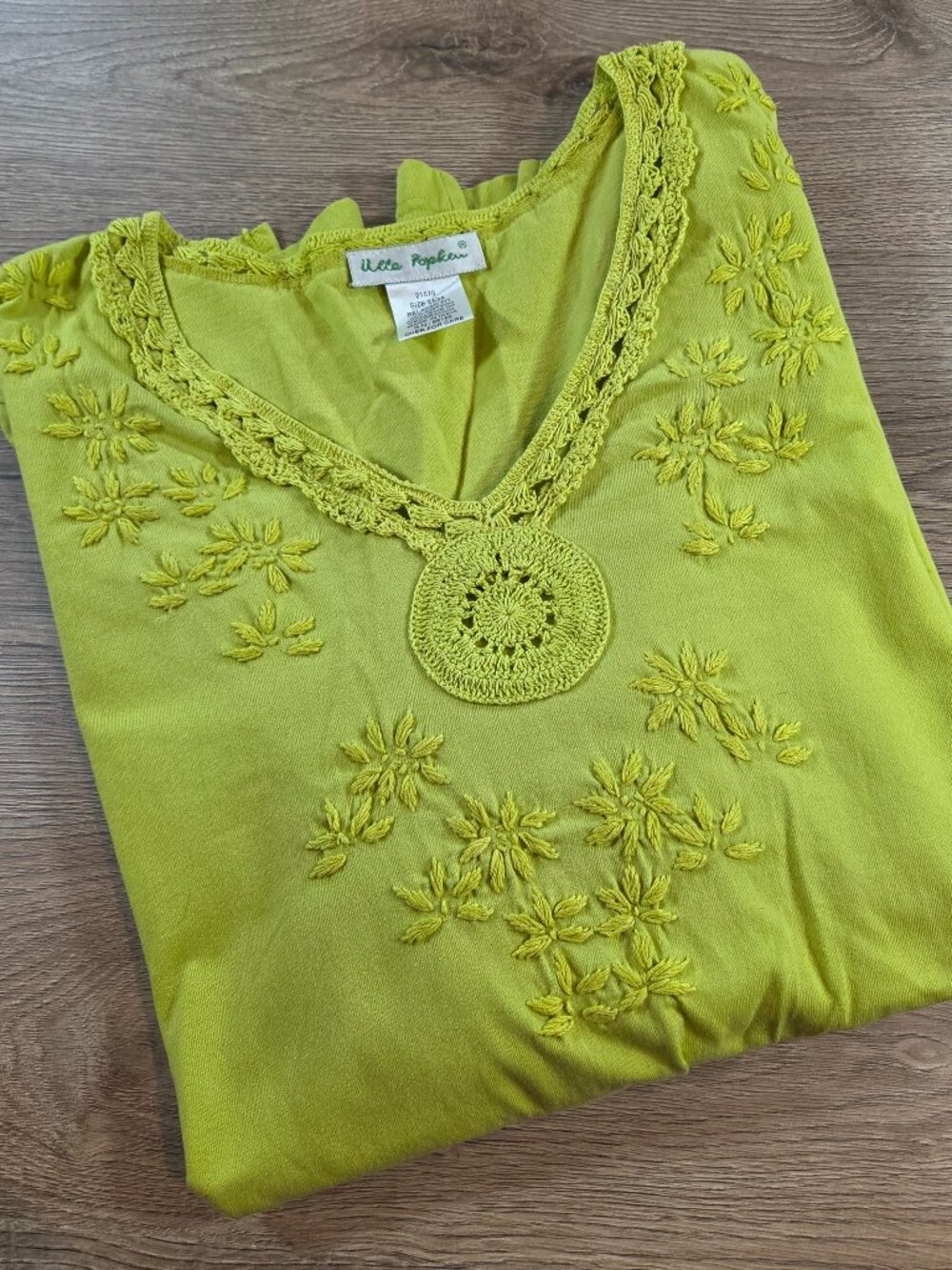 Ulla Popken Women's 24/26 Top Lime Green Embroidered Crochet Cotton Plus Size 3X